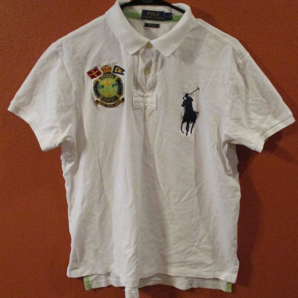 Polo Shirt Ralph Lauren Men Large Pony White Black Cotton Travel Vacation Shirt